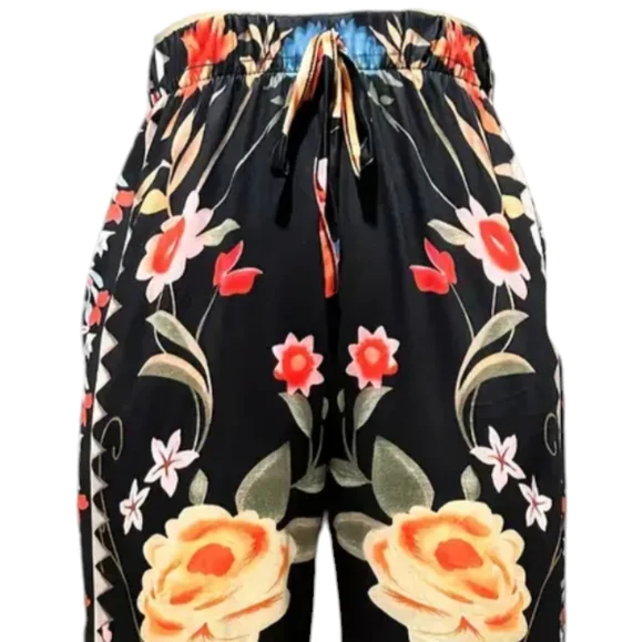 NWOT Palazzo Wide Leg Retro Colorful Floral Drawstring Pants - Picture 5 of 11